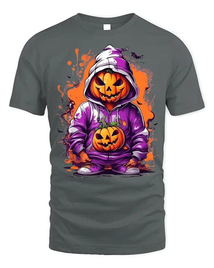 Halloween Pumpkin Hoodie T-Shirt Cool Spooky Style - gray t-shirt on white background
