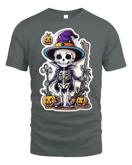 Halloween Skeleton Wizard T-Shirt with Pumpkin Magic - gray t-shirt on white background