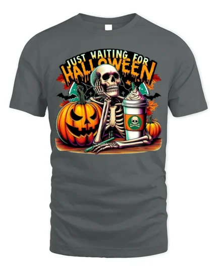 Halloween Skeleton T-Shirt Just Waiting Pumpkin Cup - gray t-shirt on white background
