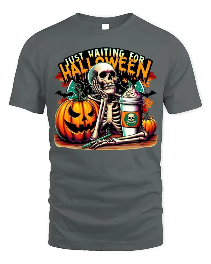 Halloween Skeleton T-Shirt Just Waiting Pumpkin Cup - gray t-shirt on white background