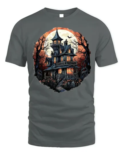 Halloween Haunted Mansion T-Shirt Spooky Moon Night - gray t-shirt on white background