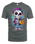 Halloween Cute Skeleton T-Shirt with Pumpkin Bag - gray t-shirt on white background