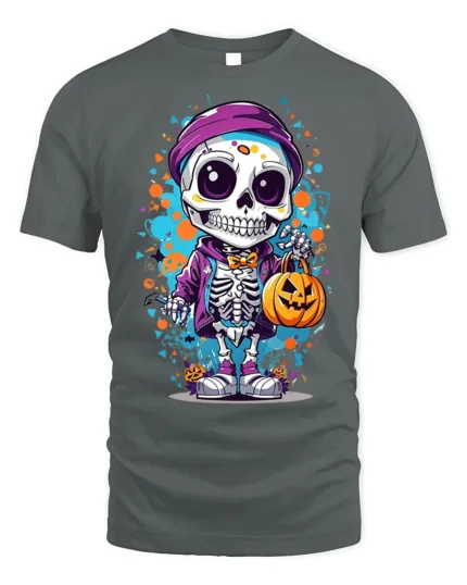 Halloween Cute Skeleton T-Shirt with Pumpkin Bag - gray t-shirt on white background