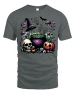 Halloween Skull Pumpkin Cauldron T-Shirt Creepy Fun - gray t-shirt on white background