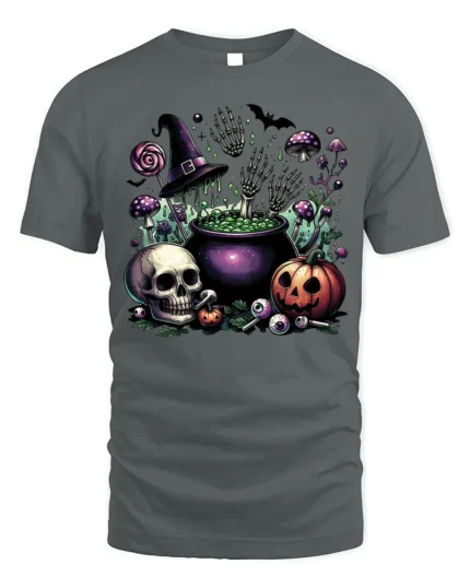 Halloween Skull Pumpkin Cauldron T-Shirt Creepy Fun - gray t-shirt on white background