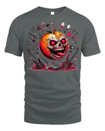 Halloween Evil Pumpkin Skull T-Shirt Horror Rock Style - gray t-shirt on white background