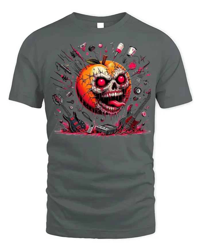 Halloween Evil Pumpkin Skull T-Shirt Horror Rock Style - gray t-shirt on white background