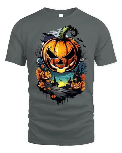 Halloween Jack O Lantern T-Shirt Haunted Night Scene - gray t-shirt on white background