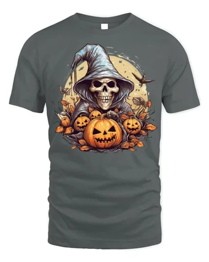 Halloween Grim Reaper Pumpkin T-Shirt Spooky Night - gray t-shirt on white background