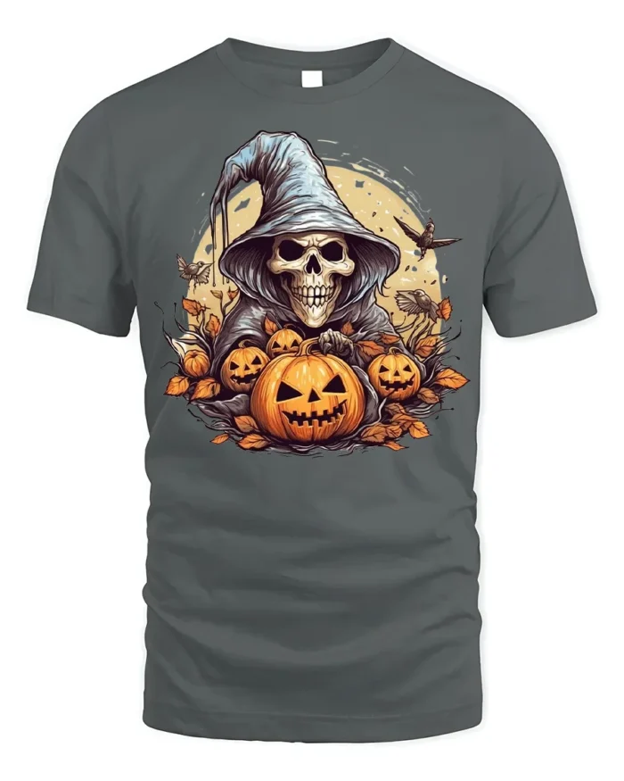 Halloween Grim Reaper Pumpkin T-Shirt Spooky Night - gray t-shirt on white background