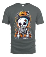 Halloween Cute Skeleton Pumpkin T-Shirt Spooky Fun - gray t-shirt on white background