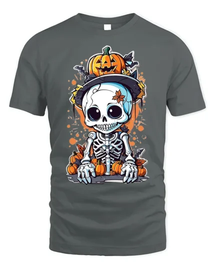 Halloween Cute Skeleton Pumpkin T-Shirt Spooky Fun - gray t-shirt on white background