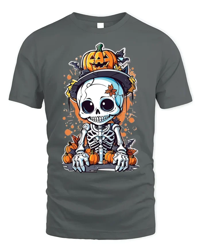 Halloween Cute Skeleton Pumpkin T-Shirt Spooky Fun - gray t-shirt on white background