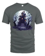 Halloween Haunted House T-Shirt Spooky Night Scene - gray t-shirt on white background