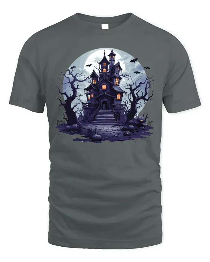 Halloween Haunted House T-Shirt Spooky Night Scene - gray t-shirt on white background