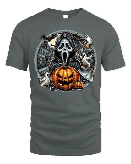 Halloween Ghost Face Pumpkin T-Shirt Scary Night - gray t-shirt on white background