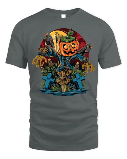 Halloween Scarecrow Pumpkin T-Shirt Creepy Graveyard - gray t-shirt on white background
