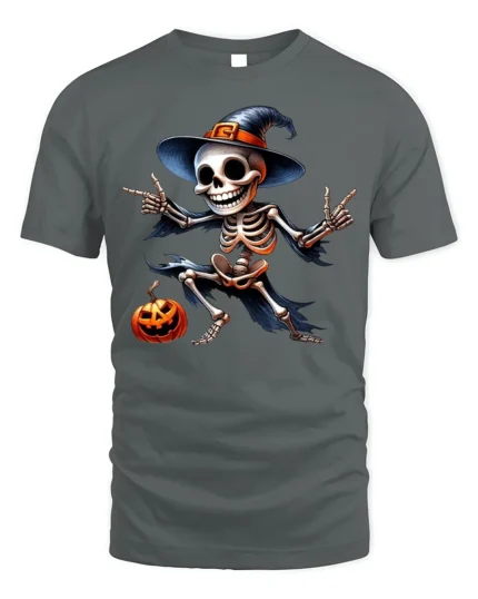 Halloween Dancing Skeleton T-Shirt Funny Pumpkin Hat - gray t-shirt on white background