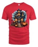 Halloween Haunted House T-Shirt with Pumpkin Path - red t-shirt on white background