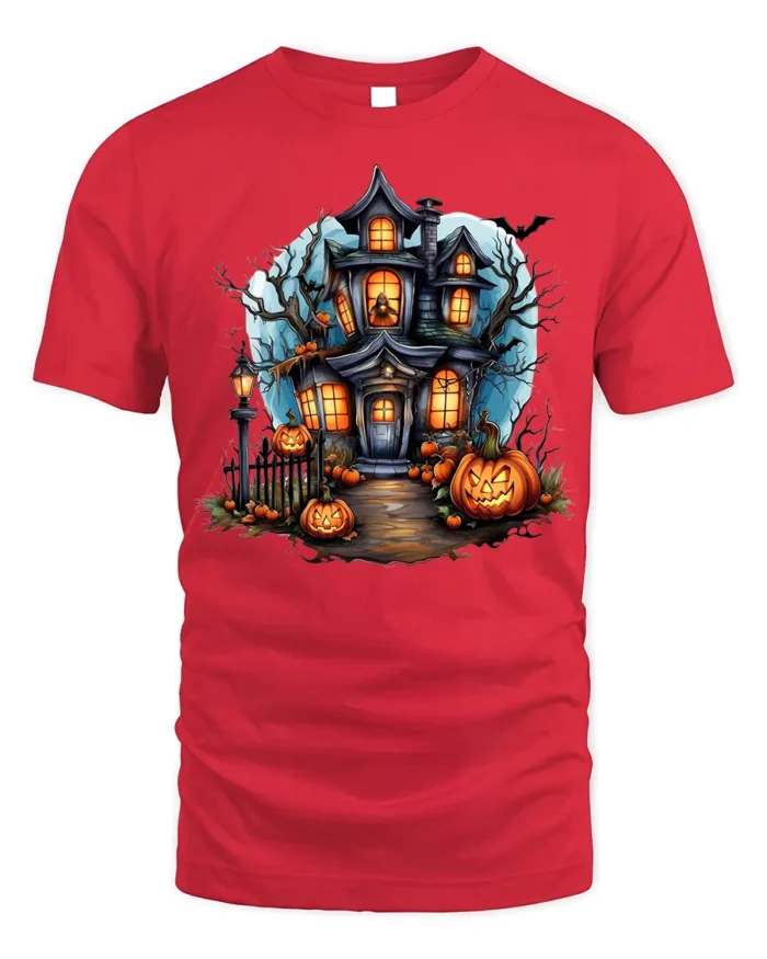 Halloween Haunted House T-Shirt with Pumpkin Path - red t-shirt on white background