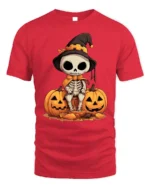 Halloween Cute Skeleton T-Shirt with Pumpkin Duo - red t-shirt on white background