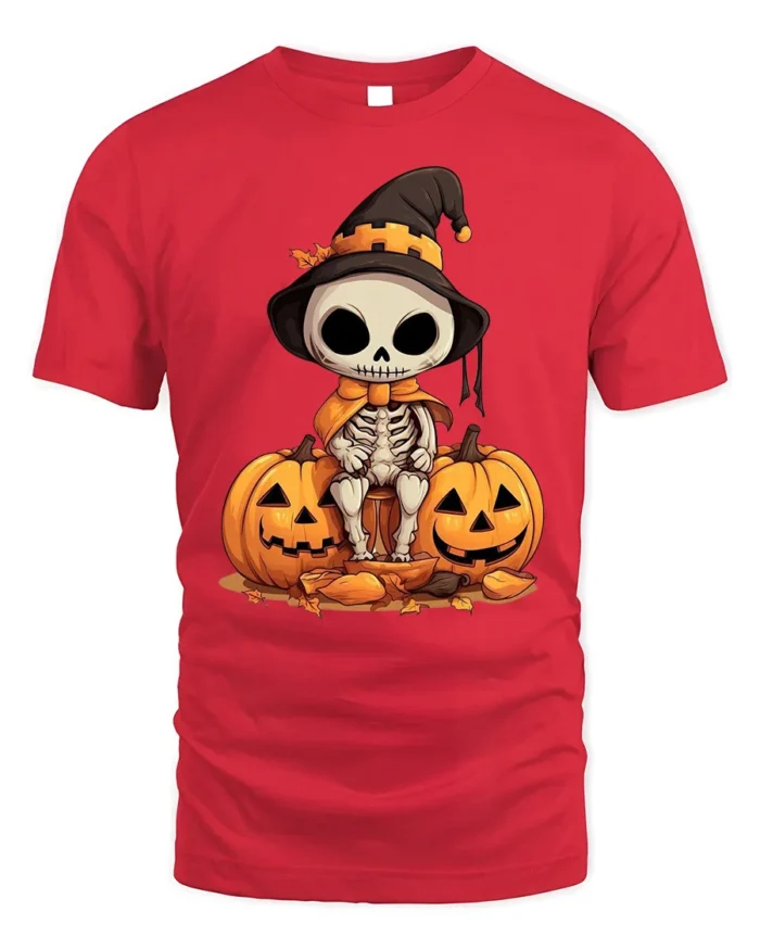 Halloween Cute Skeleton T-Shirt with Pumpkin Duo - red t-shirt on white background