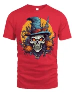 Halloween Skull Witch T-Shirt with Pumpkins and Moon - red t-shirt on white background