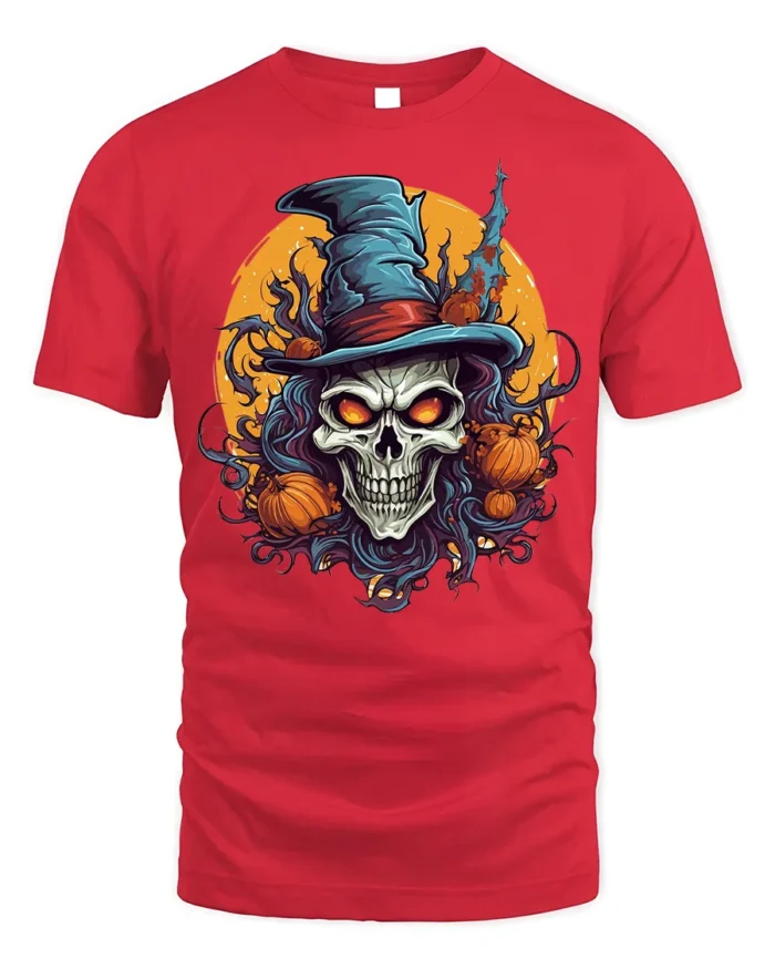 Halloween Skull Witch T-Shirt with Pumpkins and Moon - red t-shirt on white background