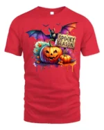 Halloween Spooky Season T-Shirt with Pumpkin Bat - red t-shirt on white background