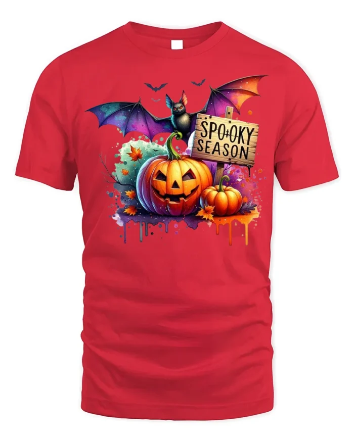 Halloween Spooky Season T-Shirt with Pumpkin Bat - red t-shirt on white background