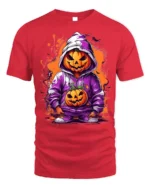 Halloween Pumpkin Hoodie T-Shirt Cool Spooky Style - red t-shirt on white background