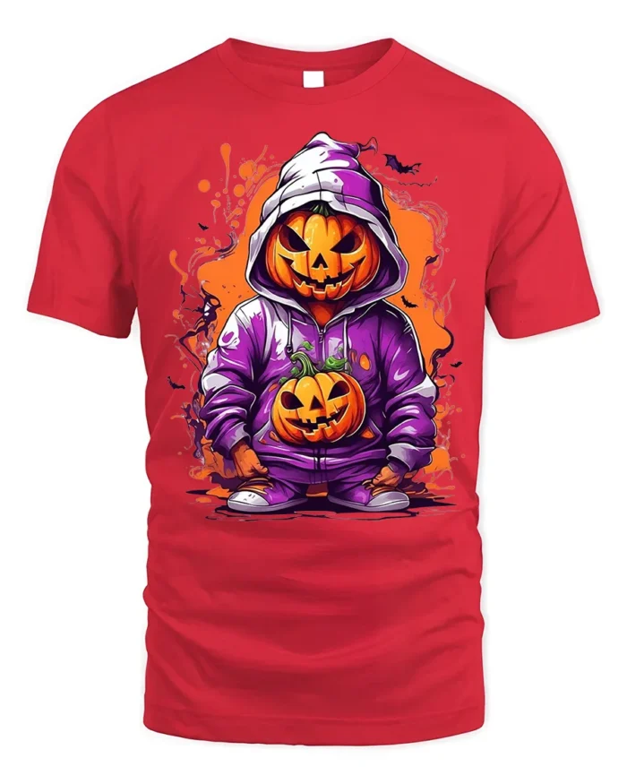 Halloween Pumpkin Hoodie T-Shirt Cool Spooky Style - red t-shirt on white background