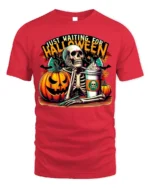 Halloween Skeleton T-Shirt Just Waiting Pumpkin Cup - red t-shirt on white background