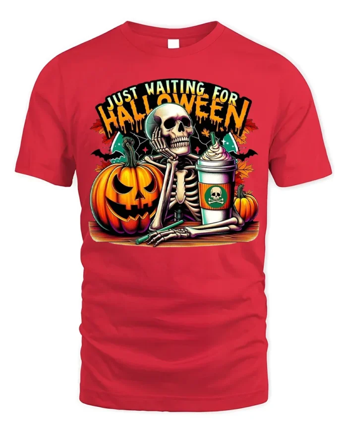 Halloween Skeleton T-Shirt Just Waiting Pumpkin Cup - red t-shirt on white background