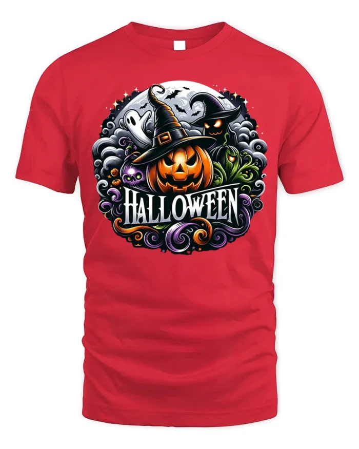 Halloween Pumpkin Witch T-Shirt Spooky Ghost Design - red t-shirt on white background