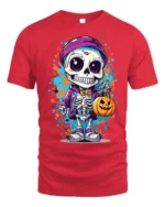Halloween Cute Skeleton T-Shirt with Pumpkin Bag - red t-shirt on white background