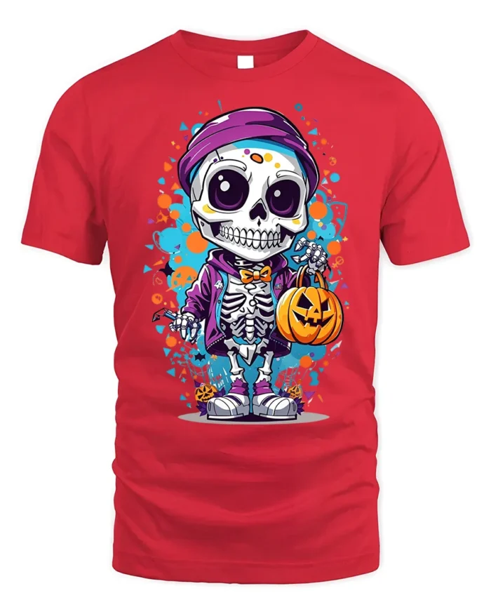 Halloween Cute Skeleton T-Shirt with Pumpkin Bag - red t-shirt on white background