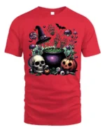 Halloween Skull Pumpkin Cauldron T-Shirt Creepy Fun - red t-shirt on white background