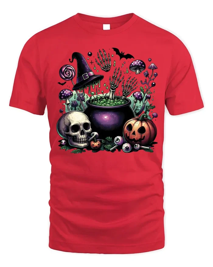 Halloween Skull Pumpkin Cauldron T-Shirt Creepy Fun - red t-shirt on white background