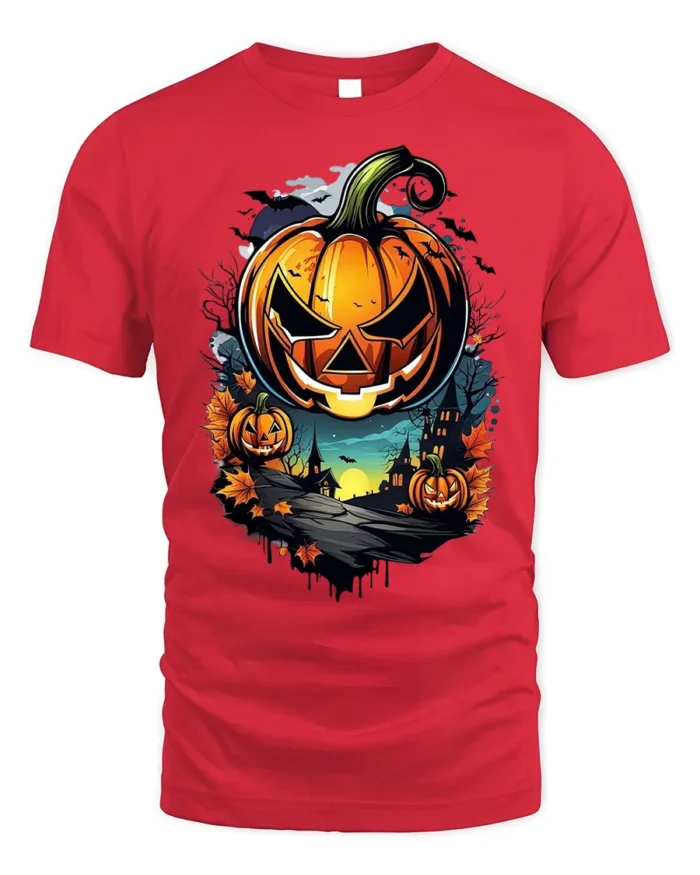 Halloween Jack O Lantern T-Shirt Haunted Night Scene - red t-shirt on white background