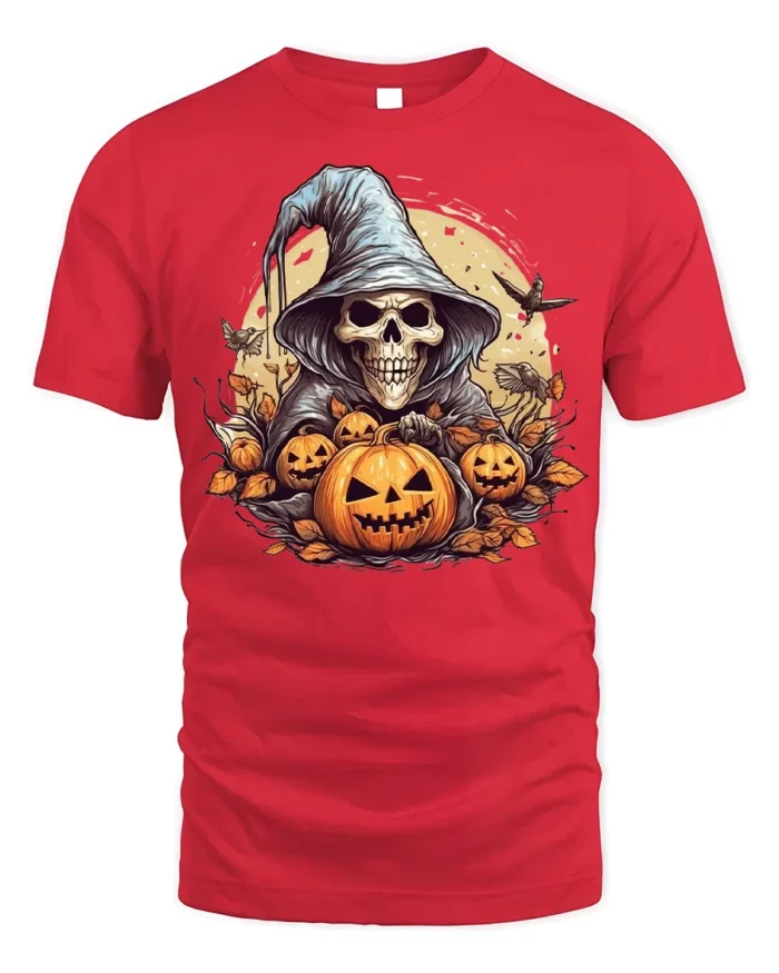 Halloween Grim Reaper Pumpkin T-Shirt Spooky Night - red t-shirt on white background