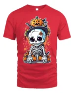 Halloween Cute Skeleton Pumpkin T-Shirt Spooky Fun - red t-shirt on white background