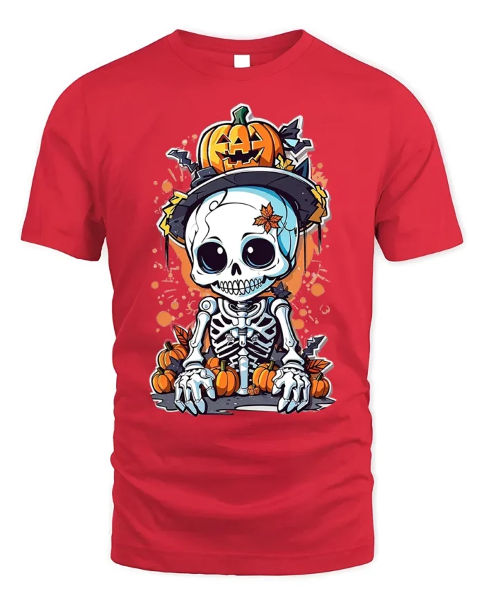 Halloween Cute Skeleton Pumpkin T-Shirt Spooky Fun - red t-shirt on white background