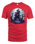 Halloween Haunted House T-Shirt Spooky Night Scene - red t-shirt on white background