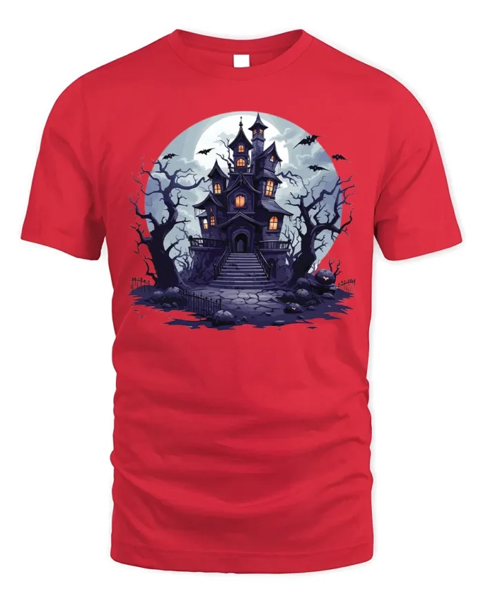 Halloween Haunted House T-Shirt Spooky Night Scene - red t-shirt on white background