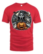 Halloween Ghost Face Pumpkin T-Shirt Scary Night - red t-shirt on white background