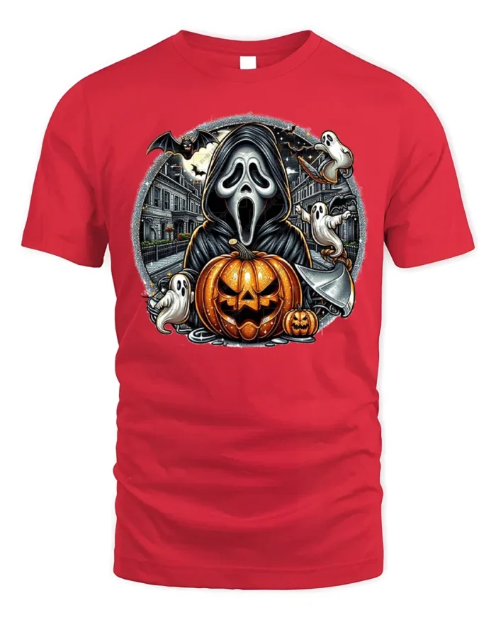 Halloween Ghost Face Pumpkin T-Shirt Scary Night - red t-shirt on white background