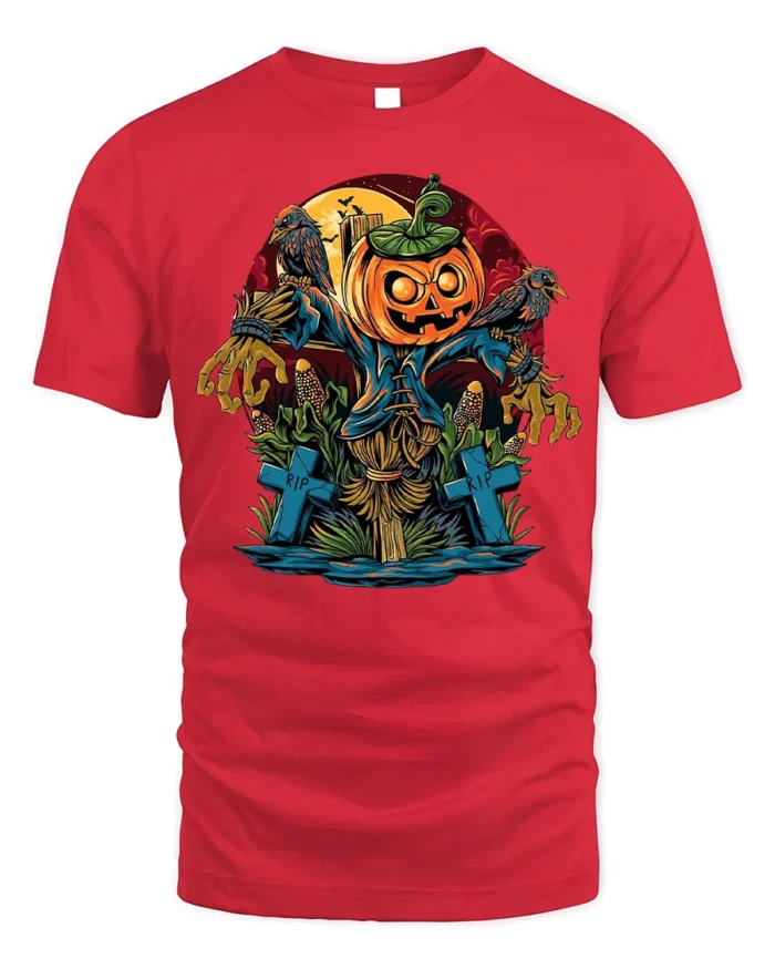 Halloween Scarecrow Pumpkin T-Shirt Creepy Graveyard - red t-shirt on white background