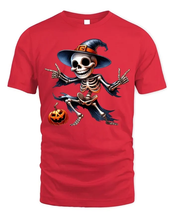 Halloween Dancing Skeleton T-Shirt Funny Pumpkin Hat - red t-shirt on white background