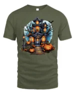 Halloween Haunted House T-Shirt with Pumpkin Path - military green t-shirt on white background